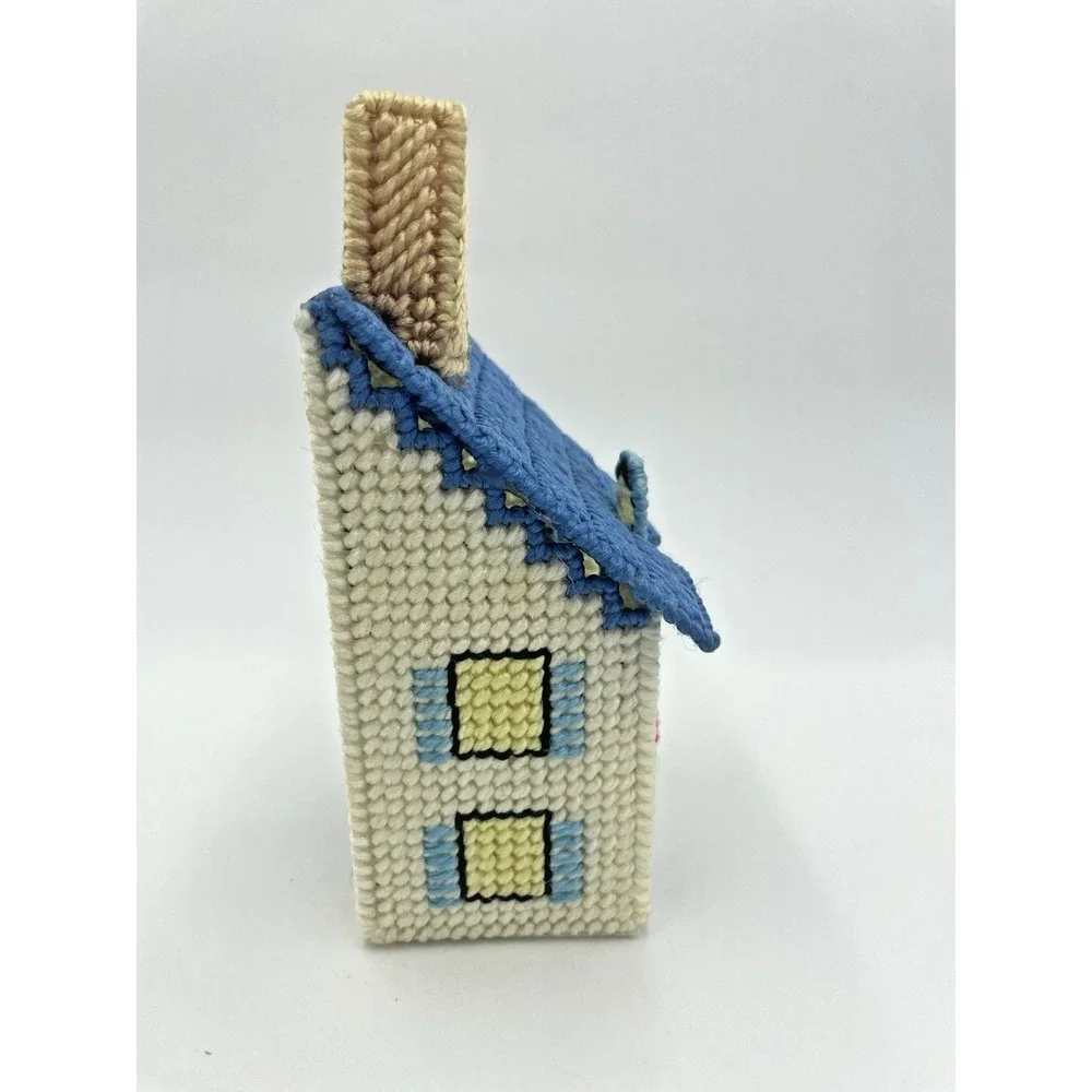 Vtg 70s Yarn Needlepoint Completed Car Dealership‎ &Cottage House Plastic Canvas